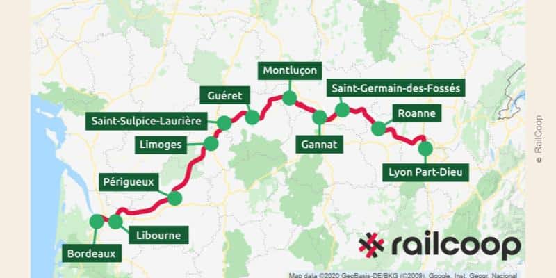 Trajet parcouru de Bordeaux à Lyon par le projet de RailCooop